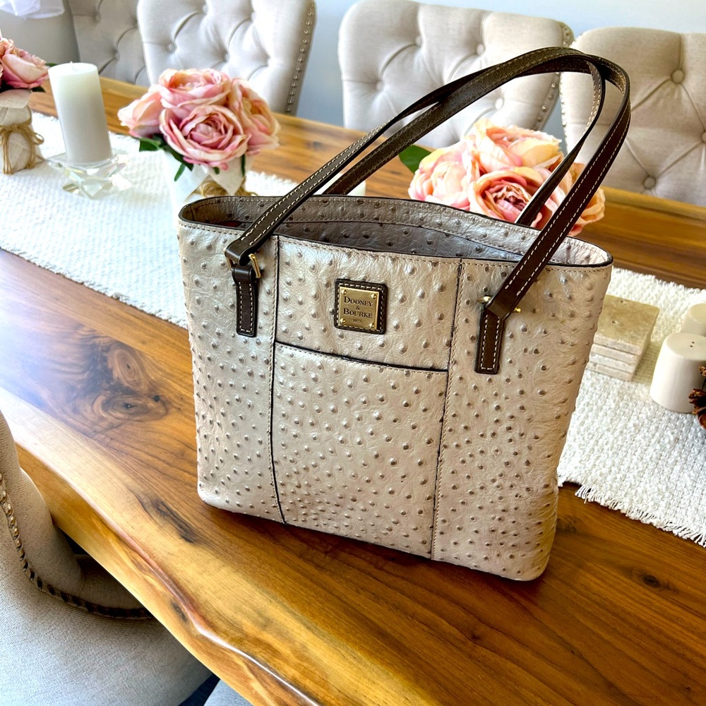 Dooney and Bourke ostrich skin, silver, and taupe handbag.